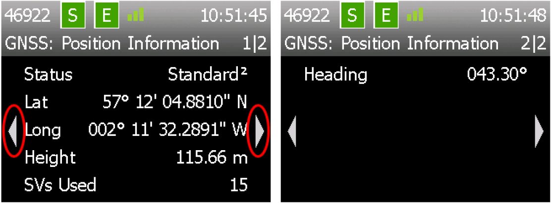 Push the left or right arrow button to display the GNSS heading